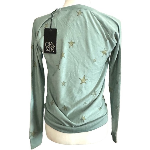 NWT CHASER Revolve Dusty Teal Blue Soft Sweatshirt Top Stars - Sz Small - Picture 2 of 4